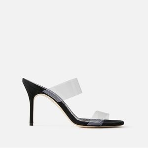 Manolo Blahnik Scolto PVC Double Strap Suede Sandals, size 36